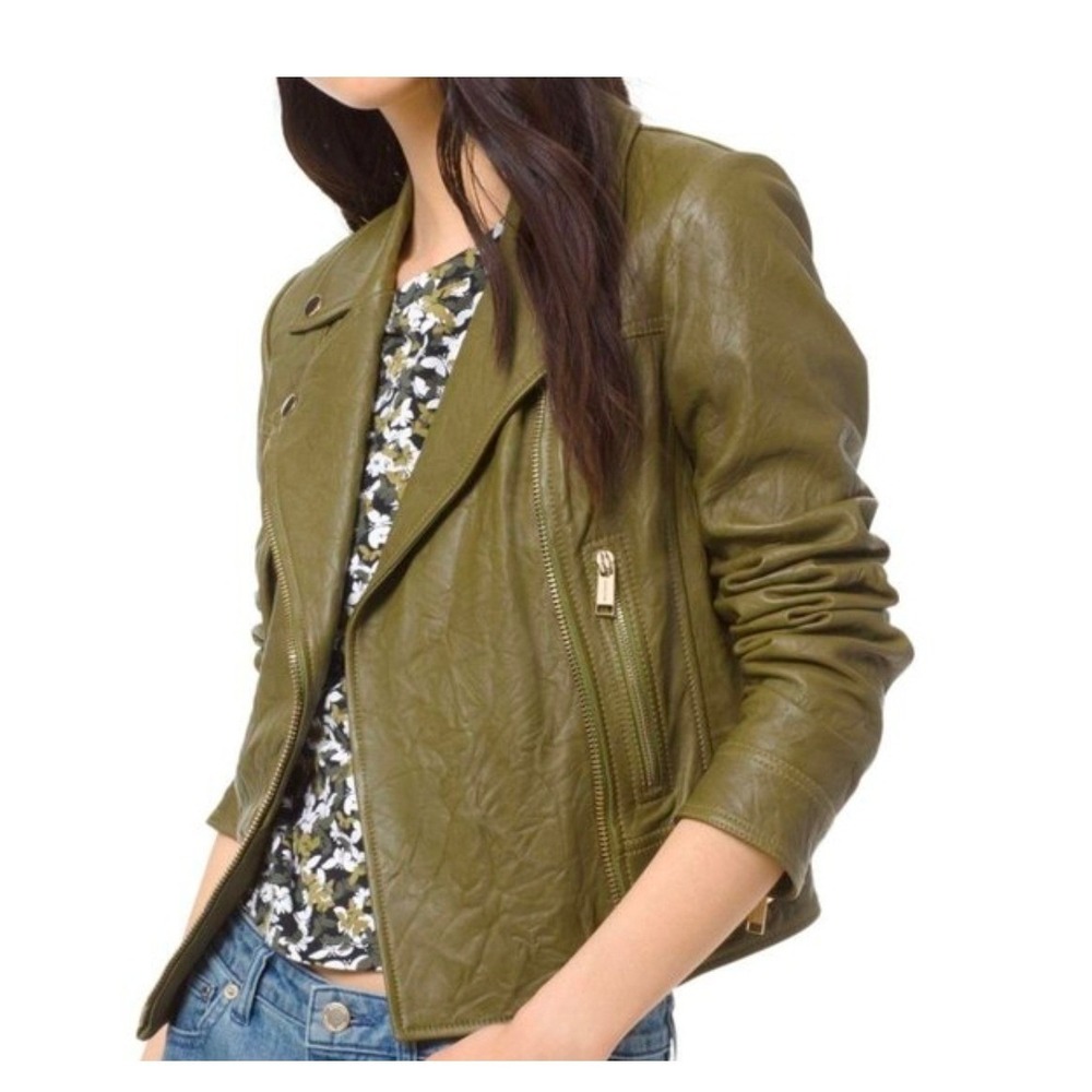Michael Michael Kors 100% Lamb Leather Moto Biker Jacket Olive Green Women's S